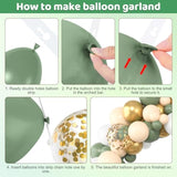 153Pcs Sage Green Balloon Garland Arch Kit, Different Sizes 18 12 10 5 Inch Green Blush Gold Latex Metallic Confetti Gold Balloons For Birthday Baby Shower Wedding Safari Forest Decorations
