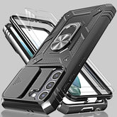 For Galaxy S21 Case With Camera Cover Slider, 2*Screen Protectors,Build In 360° Rotating Ring Kickstand, Military Grade Protective Case For Samsung Galaxy S21 6.2" (Black)