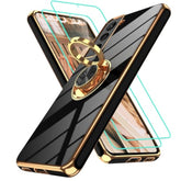 For Samsung Galaxy S21 Case: With 2Pcs Screen Protector, 360° Rotation Ring Holder Magnetic Kickstand Plating Gold Edge Soft Tpu Shockproof Protective Cover For S21, Black