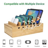 Bamboo Charging Station For Multiple Devices, Desk Docking Stations Organizer Compatible With Iphone Devices, Wood Charging Cell Phone Holder Stand (Includes 6 Cables) (No Power Supply)
