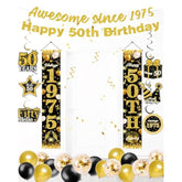 50Th Birthday Decorations For Men Women, Pre-Strung Glitter Gold Happy 50Th Birthday Banner - Black Gold Vintage 1975 Door Banners, 18Pcs Birthday Balloons And 6Pcs Hanging Party Swirls