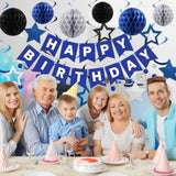 Birthday Decorations, Happy Birthday Banner With Honeycomb Balls, Star Hanging Swirl Streamer, Circle Dot Garland, Happy Birthday Party Decorations For Women Men Boys Girls (Blue & Silver)