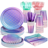350 Pcs Mermaid Party Supplies Mermaids Themed Decorations Under The Sea Disposable Dinnerware Set Includes Plates Napkins Cups Spoons Fork Knives For Birthday Party, Serves 50 Guests