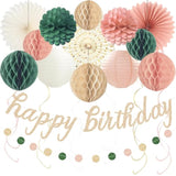 Pink Sage Green Happy Birthday Decorations, Pre-Strung Happy Birthday Banner With Honeycomb Balls, Paper Flowers, Lanterns, Hanging Swirls, Circle Dots Garland For Birthdays Party Decorations 24Pcs