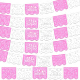 6 Pack 98.43 Ft Baby Shower Papel Picado Mexican Banner Cielito Lindo Party Plastic Fiesta Banner Talavera Theme Decorations For Baby Shower Party Hanging(Pink And White)