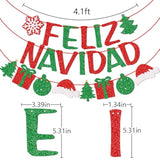 Feliz Navidad Banner With Christmas Sign Garland, Pre-Strung Spanish Merry Christmas Banner, Christmas Party Decorations For Home Office Fireplace Mantel, Red And Green Glitter