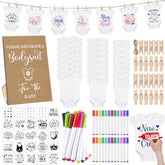 126 Pcs Baby Shower Diy Bodysuit Set Diy Bib 25 Blank White Newborn Bodysuit 25 Stencils 24 Marker 1 Sign 50 Pins(Kraft)