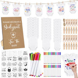 126 Pcs Baby Shower Diy Bodysuit Set Diy Bib 25 Blank White Newborn Bodysuit 25 Stencils 24 Marker 1 Sign 50 Pins(Kraft)