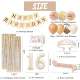 Champagne Gold Beige Sweet 16Th Birthday Decorations For Girls, Banner, 16Th Sash And Crown, Cake Topper, 16 Number Balloon, Paper Pom Poms, Fringe Curtains, Boho Birthday Party Supplies