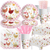 Chicken Party Decorations Tableware For Birthday Baby Shower, Farm Animal Barnyard Little Chick Birthday Party Supplies, Plate, Cup, Napkin, Straws, Disposable Cutlery, Tablecloth, 24 Guests