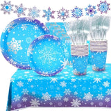 Frozen Birthday Party Supplies, Disposable Snowflake Paper Plates, Cups, Napkins,Cutlery And Tablecloth For Christmas Winter Wonderland Frozen Birthday Party Decorations Serves 24