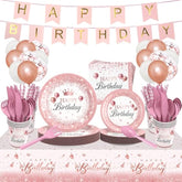 212Pcs Pink Rose Gold Party Supplies Set – Plates, Cups, Cutlery, Décor for 24