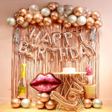Rose Gold Birthday Decorations - Fringe Curtain, Banner, Balloons And Balloon Letters