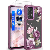 For Samsung Galaxy A52 5G Case, Galaxy A52 Case, Military Grade Drop Tested Hard Back & Soft Edge Slim Flower Women Girls Protective Cover + Tempered Glass Screen Protector (Purple)