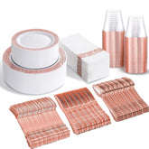350Pcs Rose Gold Plastic Plates With Disposable Silverware & Napkins - Rose Gold Rim Plastic Dinnerware Set Lace Design For Wedding, Party & Mother’S Day