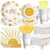 Sunshine 1St Birthday Decorations Tableware - Boho First Trip Around The Sun Birthday Decorations Party Supplies, Paper Plate, Cup, Napkin, Tablecloth, Cutlery | Serves 24