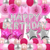 Pink Birthday Decorations Hot Pink Party Supplies Silver Happy Birthday Banner Rose Gold Balloons Foil Fringe Curtain Bday Decor Women 13Th Sweet 16 18Th 21St 25Th 30Th 40Th 50Th 60Th 70Th