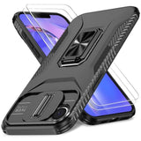 Case For Iphone 16E With Slide Camera Cover+Screen Protector(2 Packs), Military Grade Shockproof Protective Cover, Rotated Ring Kickstand(A - Black)