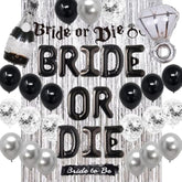 Bride or Die Bachelorette Decor Set – Black & Silver Balloons, Banner, Sash and Foil Curtain