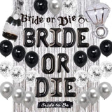 Bride or Die Bachelorette Decor Set – Black & Silver Balloons, Banner, Sash and Foil Curtain