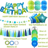 Blue And Green Birthday Decorations - Teal Blue Happy Birthday Banner, Mermaid Ocean Bubble Circle Dot Garland, Tissue Flowers, Tassels Garland, Balloons For Girls Boys Women Men Party Supplies
