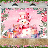 Pink Snowman Christmas Banner - Large Fabric Merry Christmas Banner Photo Props For Xmas Winter Holiday Party Supplies