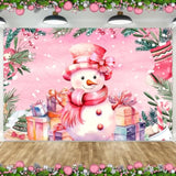 Pink Snowman Christmas Banner - Large Fabric Merry Christmas Banner Photo Props For Xmas Winter Holiday Party Supplies