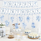 11 Pcs Blue Flower Chinoiserie Happy Birthday Banner & Hanging Swirls