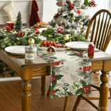 Holly Pine Cone Christmas Table Runner, Seasonal Winter Kitchen Dining Table Decoration For Home Party Decor 13X72 Inch