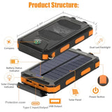 Solar Charger Power Bank, 20000Mah Portable Outdoor Waterproof Solar Battery Charger, Camping External Backup Battery Pack Usb C Ports Input/Output, 2 Led Light Flashlight With Compass (Orange)