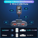kapebow 78W Fast Charging USB C Car Charger, 5 Port Car Phone Charger with Voltage Display, 5FT Extention PD&QC 3.0 Type C Car Charger for Back Seat for iPhone iPad Samsung Pixel Phones