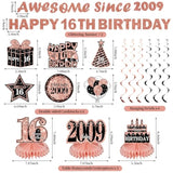 11Pcs 16Th Birthday Decorations Kit For Girls Women, Rose Gold Happy 16Th Birthday Banner, Awesome Since 2009 Centerpieces Swirls Party Supplies, Sixteen Bday Banner Ceiling Table Topper Sign