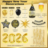 Black Gold New Year 2026 Party Set with Balloons, Banner & Fringe Backdrop
