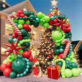 183Pcs Christmas Balloon Garland Arch Kit With Christmas Red Lime Dark Green Metallic Green Balloons Candy Cane Gift Box Explosion Star Foil Balloons For Xmas Party Decorations