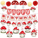 Mushroom Party Decorations, Mushroom Birthday Banner, Mushroom Balloons Garland Hanging Swirls Paper Pom Poms For Mushroom Birthday Decorations
