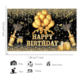 Glitter Black and Gold Happy Birthday Backdrop 180x120 cm for Party Photos