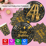 400Pcs Happy Birthday Party Supplies, Black And Gold Disposable Dinnerware Set Includes Paper Plates Napkins Cups Straws Forks Knivesand Spoons For Graduation Birthday Party Decorations, Serve 50