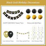 Black & Gold Birthday Decor Banner, Balloons, Honeycomb Balls & Streamers
