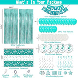 Teal Birthday Party Decor for Her – Balloons, Banner, Curtains & Tablecloth Set