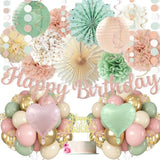 Sage-Green Blush-Pink Birthday Decorations For Women Girls, Cream Light Beige Happy Banner, Paper Lanterns Pom Poms, Olive Green Dusty Pink Balloons, Boho Fairy Anniversary Princess Party Décor