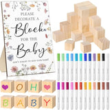 75 Pcs Baby Shower Games Sign Kit Including Decorate A Block Game Sign 50 Diy Blank Wooden Block 24 Acrylic Paint Marker Baby Shower Prize For Winners Gender Reveal(Pastel,Wildflower)