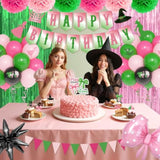 Witch Movie Birthday Party Decorations For Women, Pink And Green Princess Witch Themed Black Star Foil Balloon Happy Birthday Triangle Banner Cup Cake Toppers Pompoms Fringe Curtain Favors