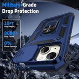 For Iphone 15 Plus Case, Slide Lens Cover, Hd Screen Protector, Military Grade Drop Protection, Magnetic Rotated Ring Holder Kickstand Protective Phone Case (Navy Blue)