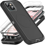 Military Grade 3 in 1 Heavy Duty Shockproof/Drop Proof/Dust Proof Case for iPhone 15 with Magsafe Compatibility and 2Pcs Tempered Glass Screen Protector (New-Black/Grey, 1 Pack)
