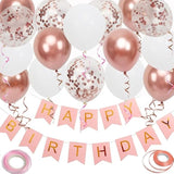 Happy Birthday Banner, Rose Gold Birthday Decoration, 16 Pcs 12 Inch Balloons With 2 Ribbons For Girl And Women Party Decoration