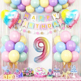 Pastel Rainbow 9th Birthday Décor Set with Number Balloon & Banner