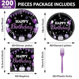 200Pcs Purple & Black Paper Plates, Napkins, Happy Birthday Party Tableware Set - Purple Dinnerware For Women, Girl, Men, Baby Shower Decoration - Serves 50