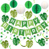 Green Birthday Decorations - Happy Banner With Honeycomb Balls, Palm Leaves Hanging Swirl Streamers, Circle Dot Garland - Party Decoration For Boy Girl