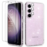 Glitter Clear Case For Samsung Galaxy S23 Plus 5G With Diamond Sparkle Camera Lens Protector + 2 Pack Tempered Glass Screen Protector, Sparkly Shockproof Protective Girl Cover (For Samsung S23+)