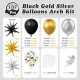 137-Pc Black, Gold & Silver Balloon Arch Kit with Stars for Parties